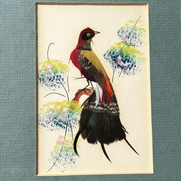 Vintage Mexican Feather Folk Art 3 Exotic Birds Matted Wood Frame 16" x 9.75" - Picture 3 of 10